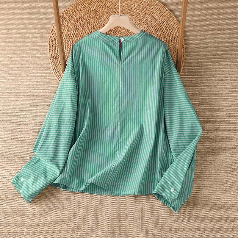 Buddha Stones Camiseta de manga larga para mujer, estilo casual de primavera, minimalista, a rayas verdes y cuello redondo. - image 1