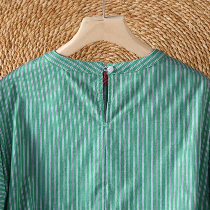 Buddha Stones Camiseta de manga larga para mujer, estilo casual de primavera, minimalista, a rayas verdes y cuello redondo. - image 4