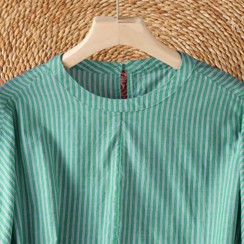 Buddha Stones Camiseta de manga larga para mujer, estilo casual de primavera, minimalista, a rayas verdes y cuello redondo. - image 3