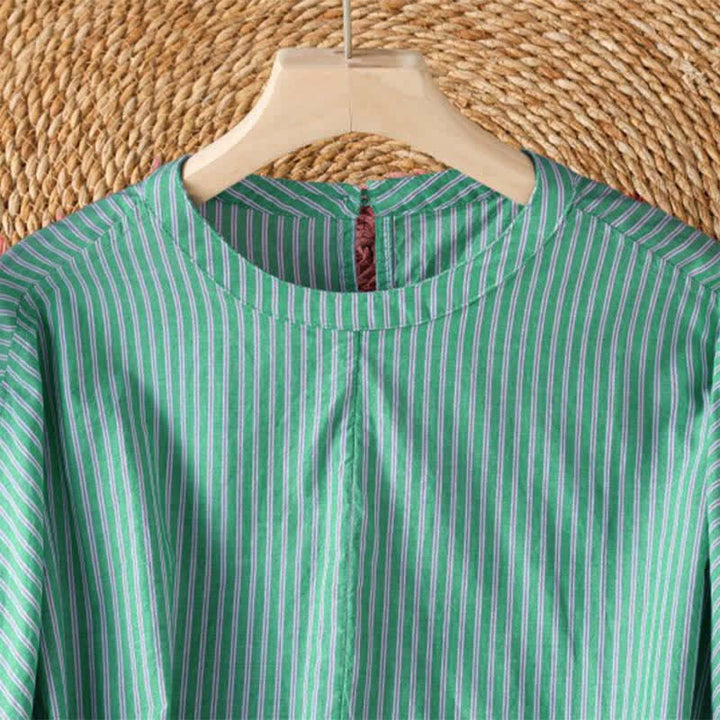 Buddha Stones Camiseta de manga larga para mujer, estilo casual de primavera, minimalista, a rayas verdes y cuello redondo. - image 3