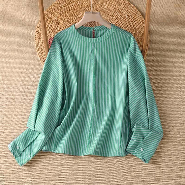 Buddha Stones Camiseta de manga larga para mujer, estilo casual de primavera, minimalista, a rayas verdes y cuello redondo. - Aguamarina medio - US14, UK/AU18, EU46 (2XL) - image 0