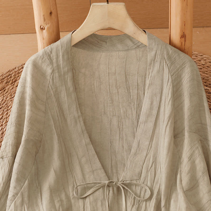 Buddha Stones Kimono de mujer liso con cordón, diseño arrugado y estilo bohemio informal de verano para mujer. - image 3