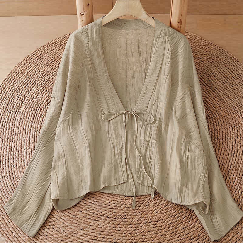 Buddha Stones Kimono de mujer liso con cordón, diseño arrugado y estilo bohemio informal de verano para mujer. - Beige - US14, UK/AU18, EU46 (2XL) - image 0
