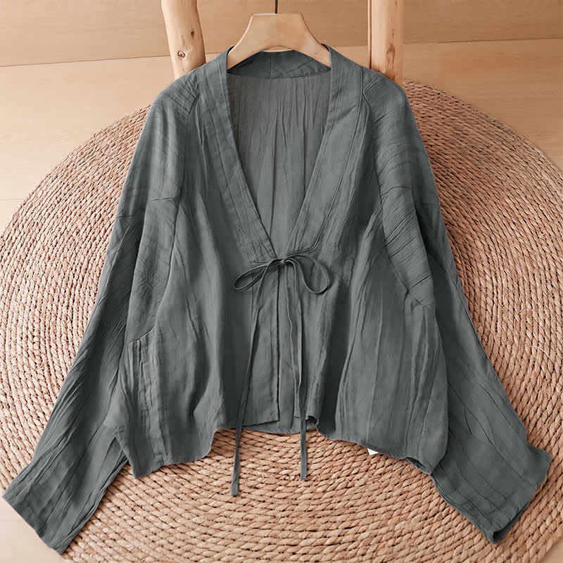 Buddha Stones Kimono de mujer liso con cordón, diseño arrugado y estilo bohemio informal de verano para mujer. - Gris pizarra - US14, UK/AU18, EU46 (2XL) - image 32