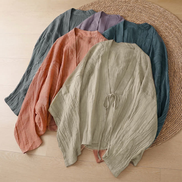 Buddha Stones Kimono de mujer liso con cordón, diseño arrugado y estilo bohemio informal de verano para mujer. - image 37