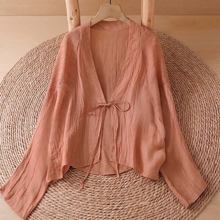 Buddha Stones Kimono de mujer liso con cordón, diseño arrugado y estilo bohemio informal de verano para mujer. - Salmón oscuro - US14, UK/AU18, EU46 (2XL) - image 26