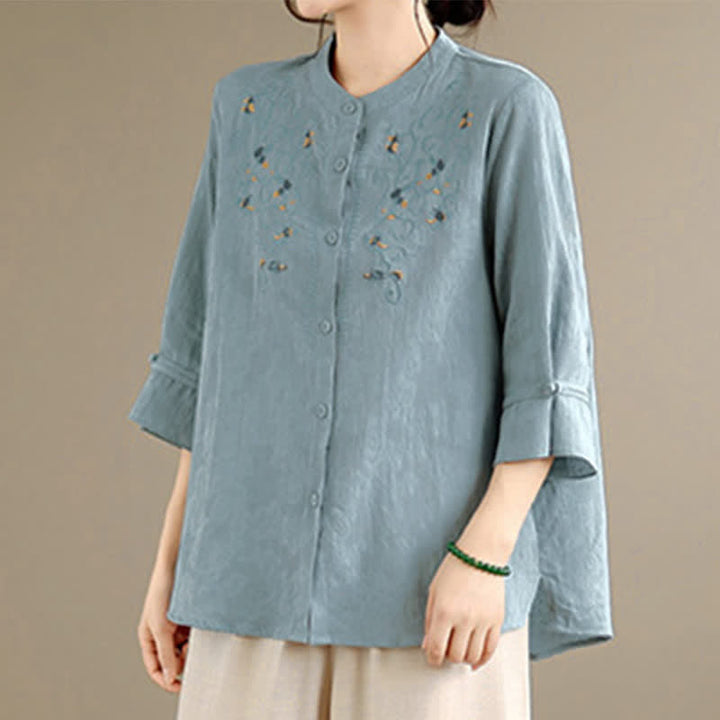Buddha Stones Camisas de manga larga para mujer con cuello mandarín y bordados estilo vintage Tang para primavera/verano. - image 12