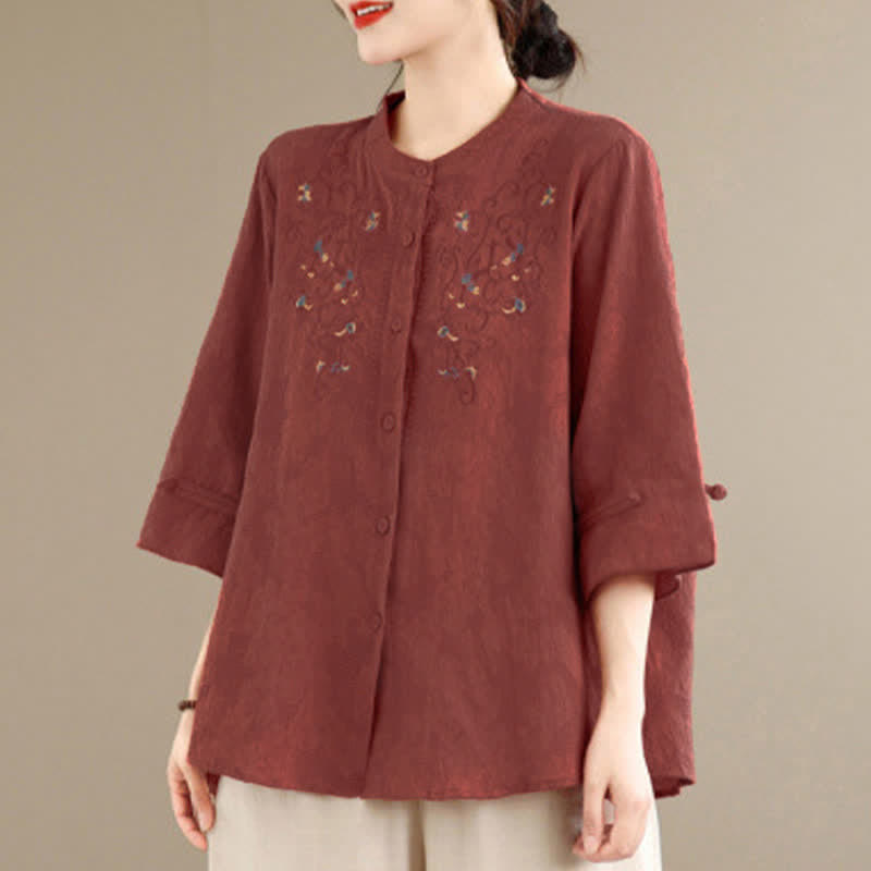 Buddha Stones Camisas de manga larga para mujer con cuello mandarín y bordados estilo vintage Tang para primavera/verano. - image 4