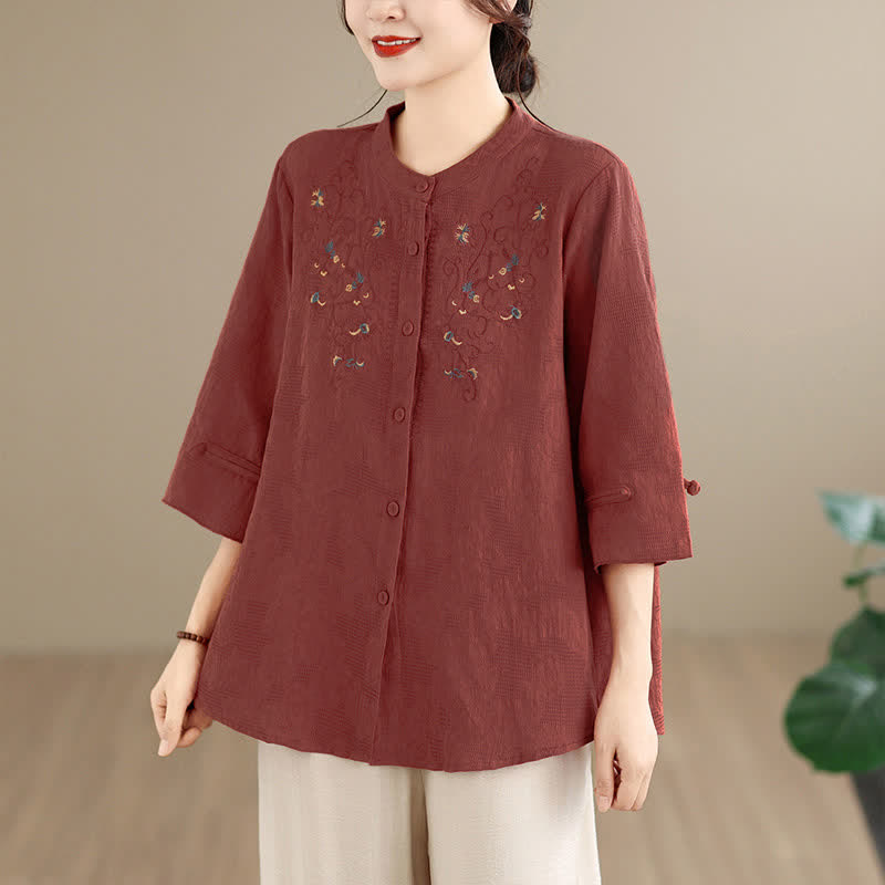 Buddha Stones Camisas de manga larga para mujer con cuello mandarín y bordados estilo vintage Tang para primavera/verano. - Tierra de siena - US12, UK/AU16, EU44 (3XL) - image 0