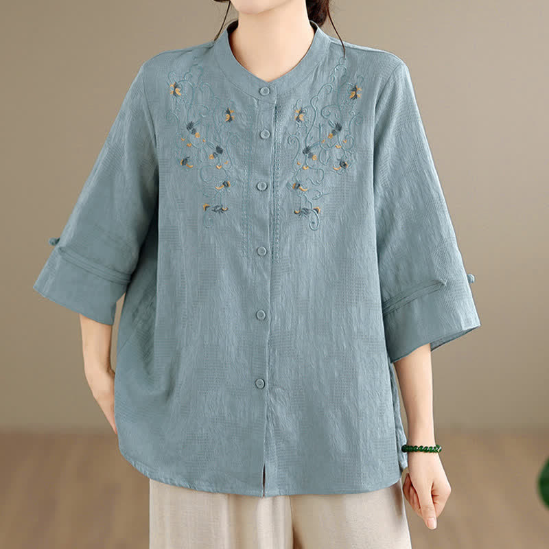Buddha Stones Camisas de manga larga para mujer con cuello mandarín y bordados estilo vintage Tang para primavera/verano. - image 17