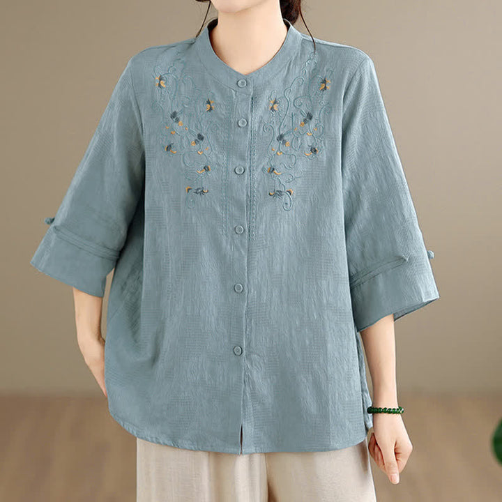 Buddha Stones Camisas de manga larga para mujer con cuello mandarín y bordados estilo vintage Tang para primavera/verano. - image 17