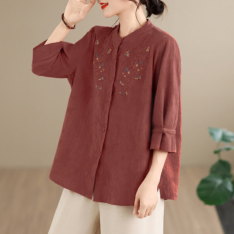 Buddha Stones Camisas de manga larga para mujer con cuello mandarín y bordados estilo vintage Tang para primavera/verano. - image 2