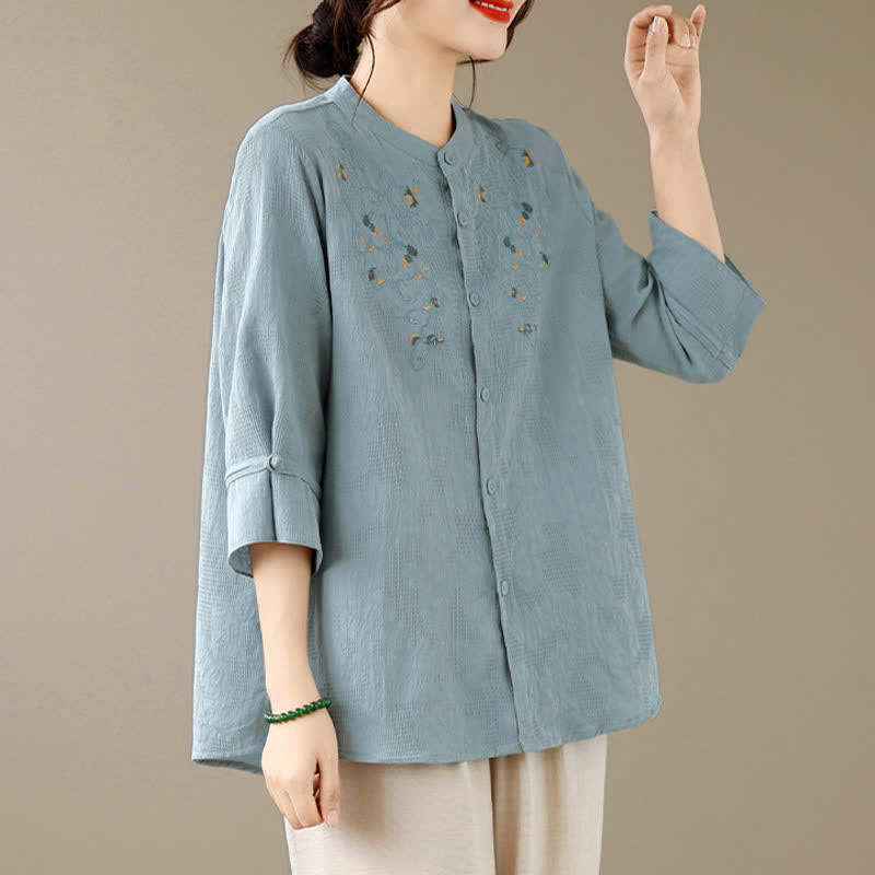 Buddha Stones Camisas de manga larga para mujer con cuello mandarín y bordados estilo vintage Tang para primavera/verano. - image 14