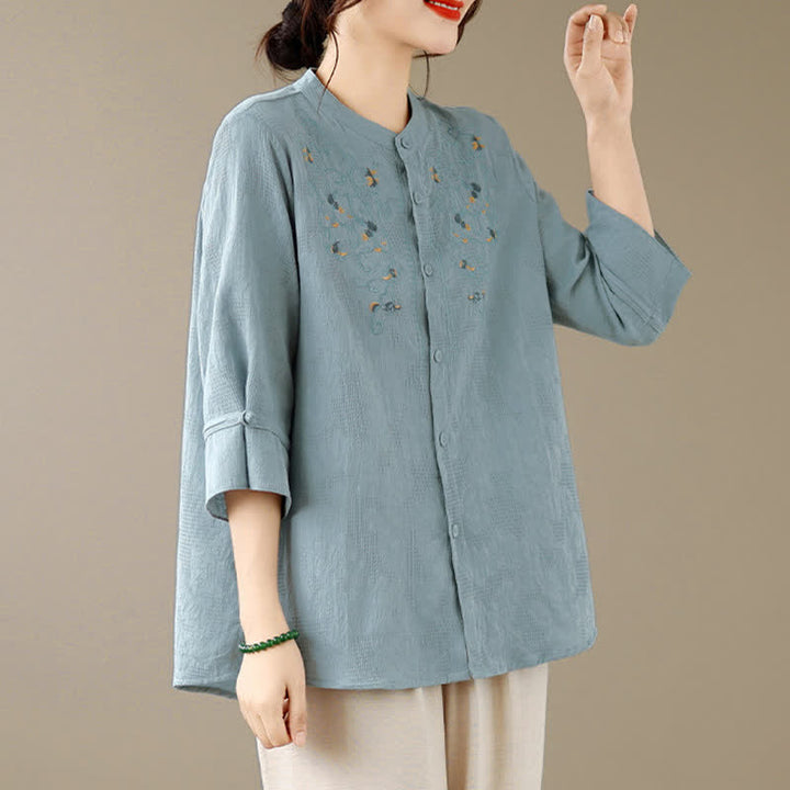 Buddha Stones Camisas de manga larga para mujer con cuello mandarín y bordados estilo vintage Tang para primavera/verano. - image 14