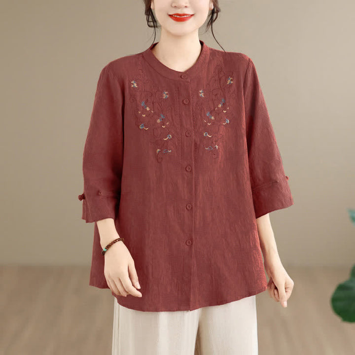 Buddha Stones Camisas de manga larga para mujer con cuello mandarín y bordados estilo vintage Tang para primavera/verano. - image 3