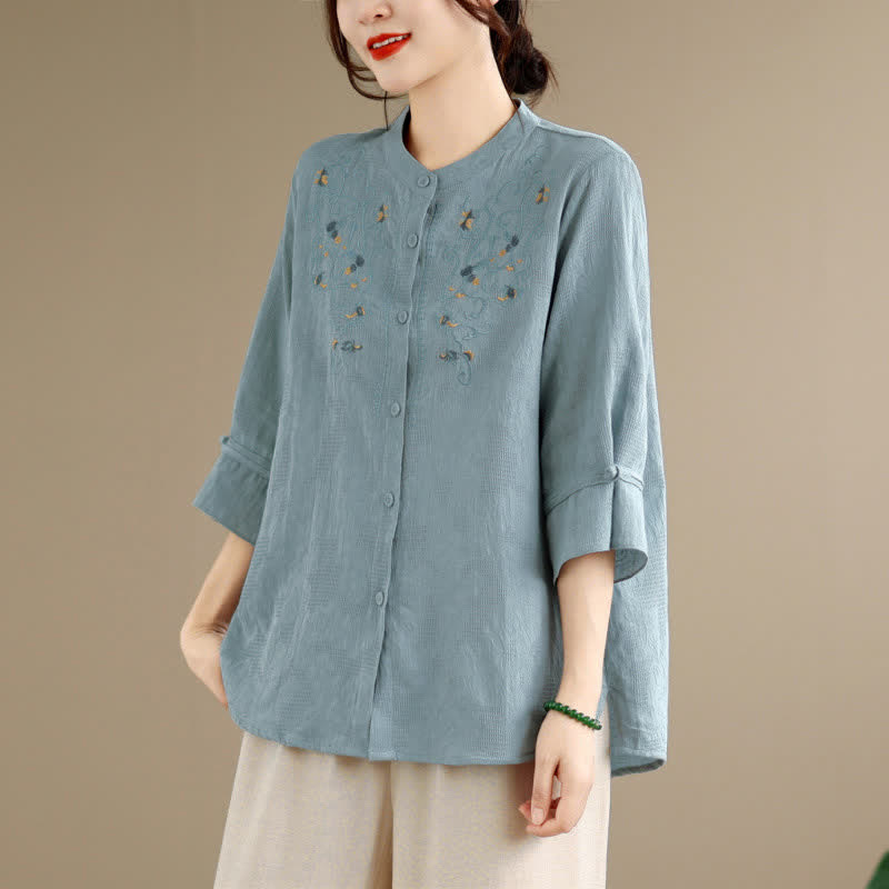 Buddha Stones Camisas de manga larga para mujer con cuello mandarín y bordados estilo vintage Tang para primavera/verano. - Azul claro - US12, UK/AU16, EU44 (3XL) - image 10