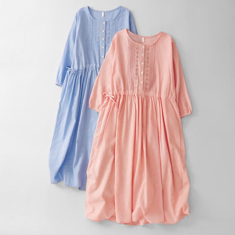 Buddha Stones Vestido casual vintage de primavera/verano con botones, cordón ajustable y cuello redondo, manga tres cuartos para mujer. - image 0