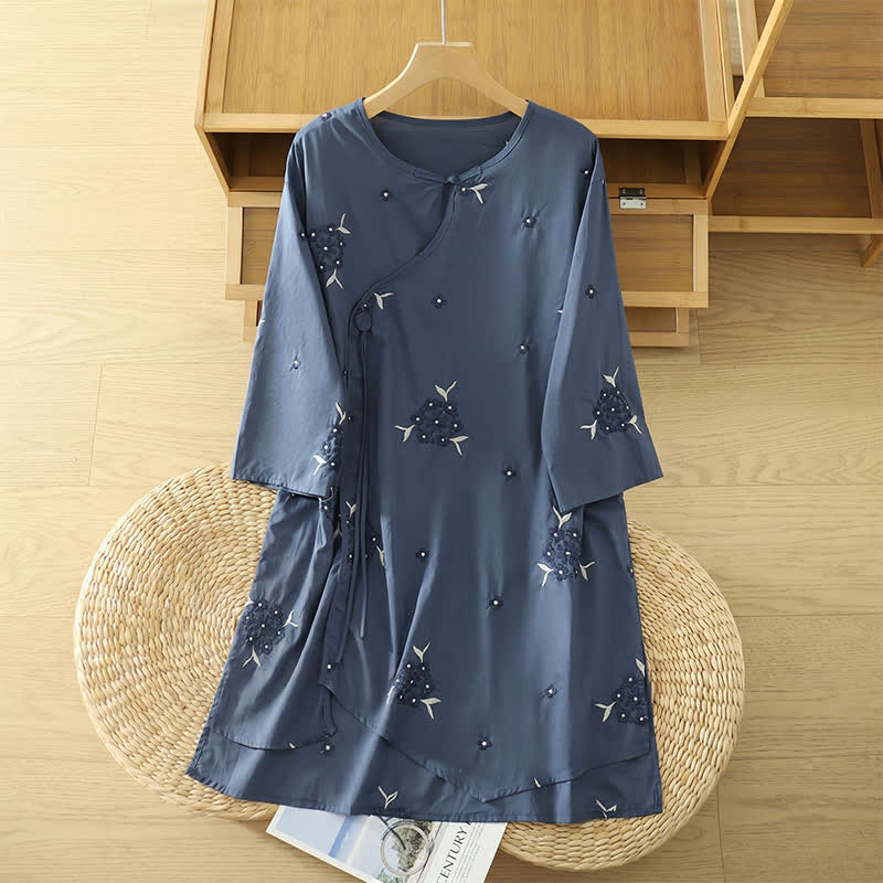Buddha Stones Vestido veraniego informal de mujer con cuello redondo, mangas tres cuartos, cuello redondo y bolsillos, con bordado floral. - Azul acero - US14, UK/AU18, EU46 (2XL) - image 0
