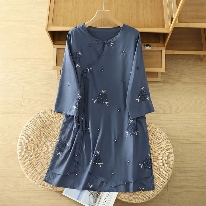 Buddha Stones Vestido veraniego informal de mujer con cuello redondo, mangas tres cuartos, cuello redondo y bolsillos, con bordado floral. - Azul acero - US14, UK/AU18, EU46 (2XL) - image 0