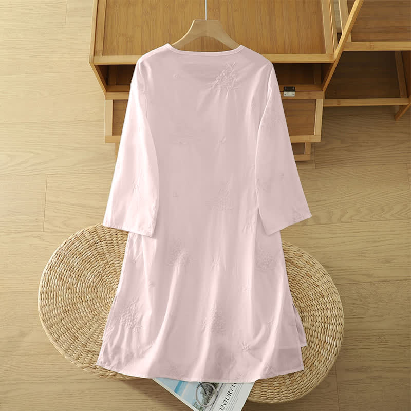 Buddha Stones Vestido veraniego informal de mujer con cuello redondo, mangas tres cuartos, cuello redondo y bolsillos, con bordado floral. - image 7