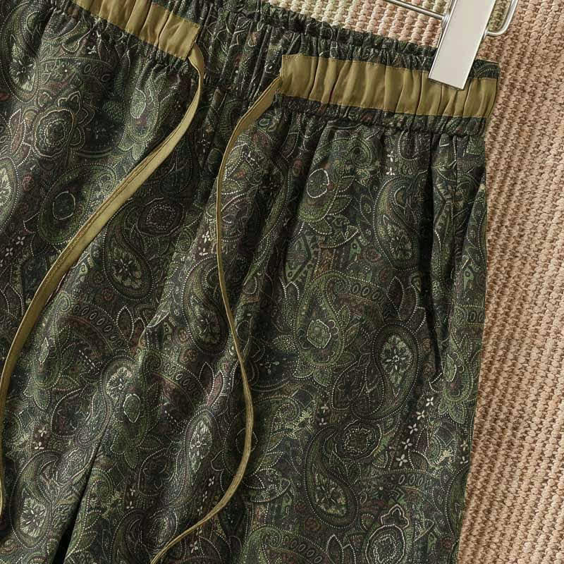 Buddha Stones Pantalones largos de mujer estilo boho con cordón ajustable, color verde y estampado abstracto, ideales para primavera y verano. Pierna ancha y bolsillo. - image 5