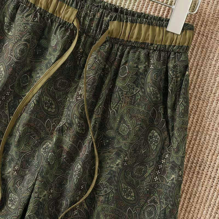Buddha Stones Pantalones largos de mujer estilo boho con cordón ajustable, color verde y estampado abstracto, ideales para primavera y verano. Pierna ancha y bolsillo. - image 5