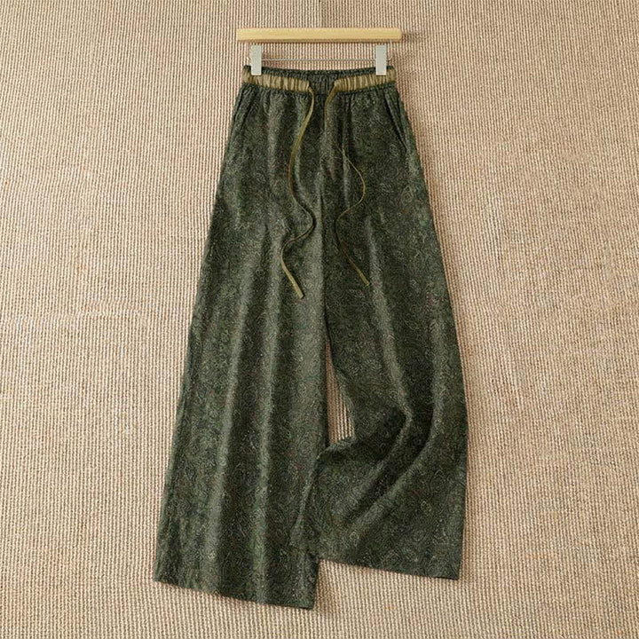 Buddha Stones Pantalones largos de mujer estilo boho con cordón ajustable, color verde y estampado abstracto, ideales para primavera y verano. Pierna ancha y bolsillo. - Verde oliva oscuro - US8-10, UK/AU12-14, EU40-42 (2XL) - image 0