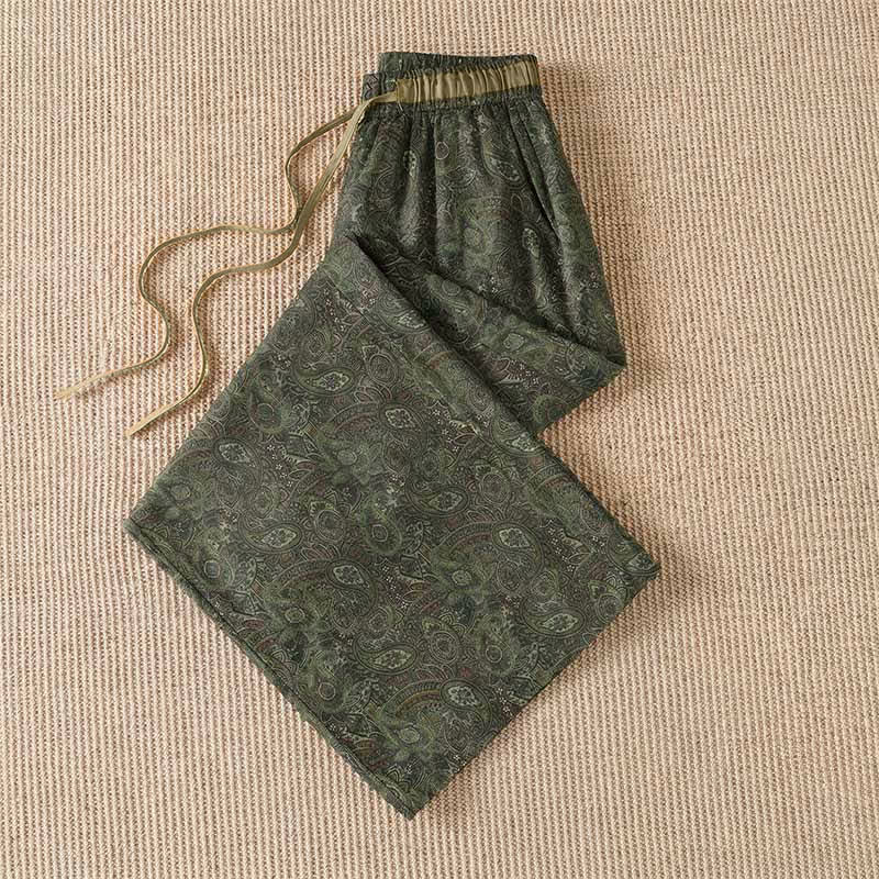 Buddha Stones Pantalones largos de mujer estilo boho con cordón ajustable, color verde y estampado abstracto, ideales para primavera y verano. Pierna ancha y bolsillo. - image 2