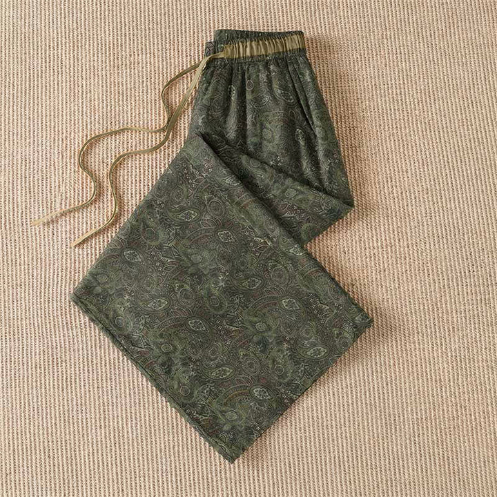 Buddha Stones Pantalones largos de mujer estilo boho con cordón ajustable, color verde y estampado abstracto, ideales para primavera y verano. Pierna ancha y bolsillo. - image 2
