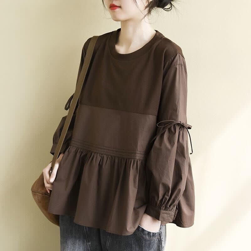Buddha Stones Camiseta de manga larga para mujer, estilo casual vintage, con cuello redondo, bajo peplum y cordón ajustable, ideal para primavera y otoño. - Marrón silla de montar - US12, UK/AU16, EU44 (2XL) - image 0