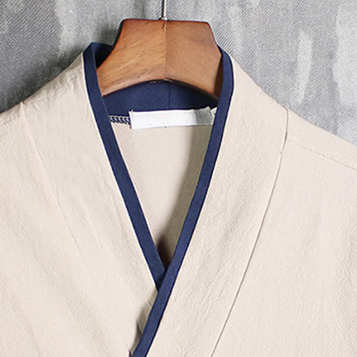 Buddha Stones Kimono de hombre liso, estilo Tang, con cordón ajustable y ribete de contraste, ideal para primavera y otoño. - image 2