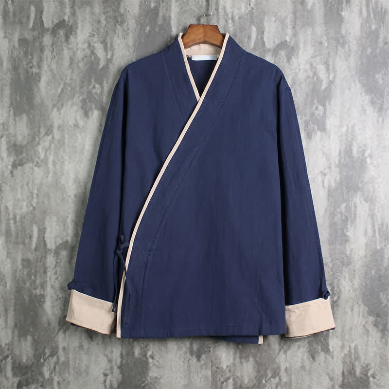 Buddha Stones Kimono de hombre liso, estilo Tang, con cordón ajustable y ribete de contraste, ideal para primavera y otoño. - Marina de guerra - US/UK/AU46, EU56 (5XL) - image 10