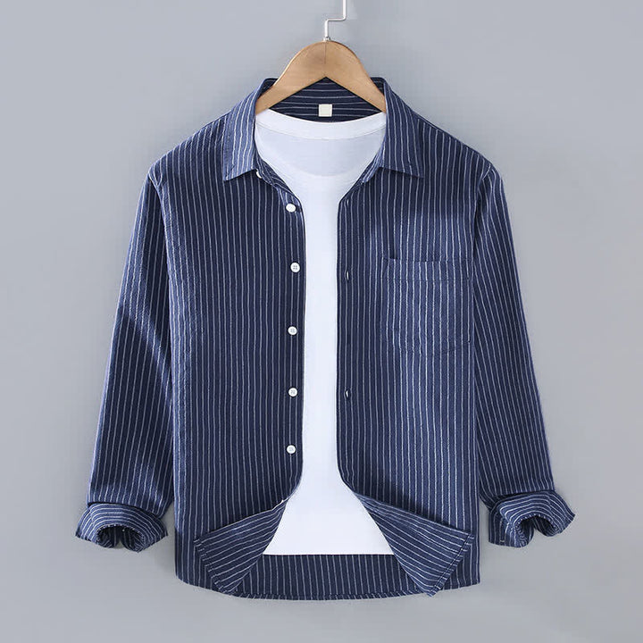 Buddha Stones Camisa de manga larga para hombre, estilo casual minimalista, con botones, rayas verticales y bolsillo de parche, ideal para primavera y otoño. - Marina de guerra - US/UK/AU42, EU52 (3XL) - image 11