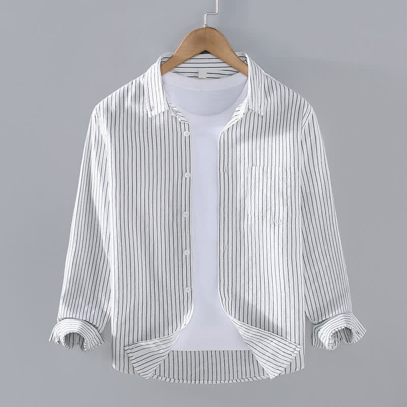 Buddha Stones Camisa de manga larga para hombre, estilo casual minimalista, con botones, rayas verticales y bolsillo de parche, ideal para primavera y otoño. - Blanco - US/UK/AU42, EU52 (3XL) - image 0