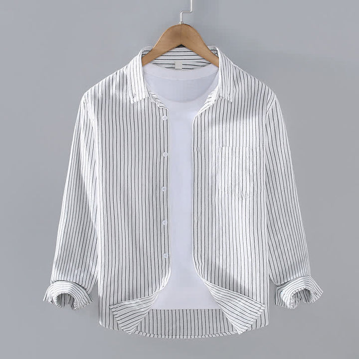 Buddha Stones Camisa de manga larga para hombre, estilo casual minimalista, con botones, rayas verticales y bolsillo de parche, ideal para primavera y otoño. - Blanco - US/UK/AU42, EU52 (3XL) - image 0