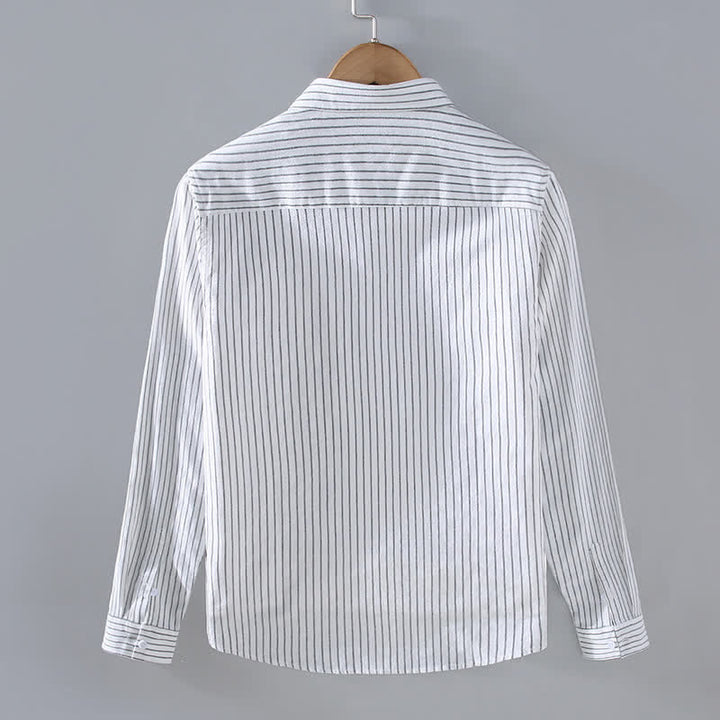Buddha Stones Camisa de manga larga para hombre, estilo casual minimalista, con botones, rayas verticales y bolsillo de parche, ideal para primavera y otoño. - image 1
