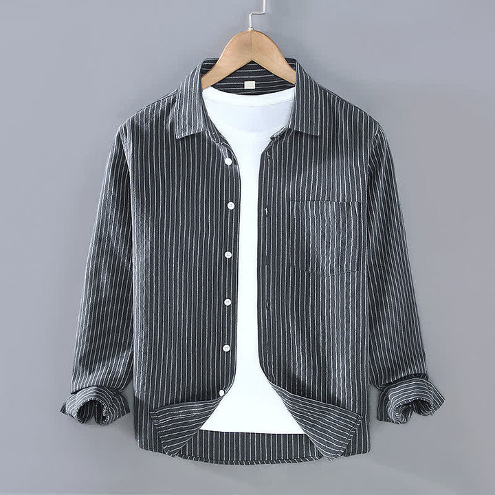 Buddha Stones Camisa de manga larga para hombre, estilo casual minimalista, con botones, rayas verticales y bolsillo de parche, ideal para primavera y otoño. - Gris oscuro - US/UK/AU42, EU52 (3XL) - image 12
