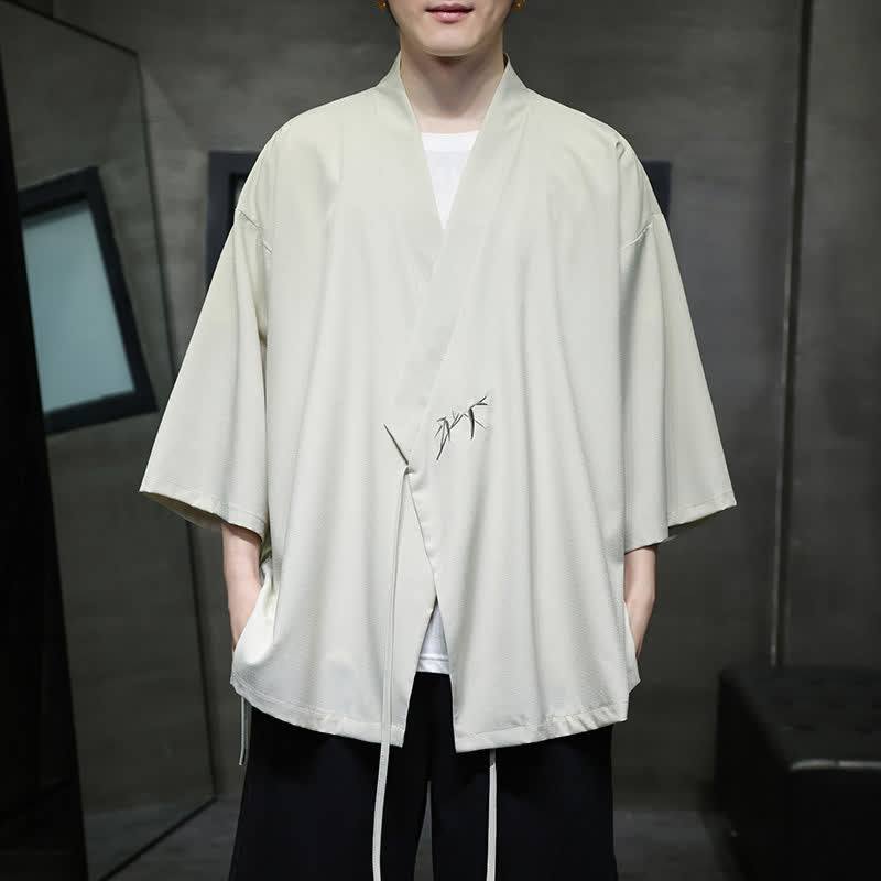 Buddha Stones Kimono de hombre estilo Tang minimalista con cordón ajustable, de bambú liso y manga tres cuartos. - Beige - US/UK/AU46, EU56 (5XL) - image 0