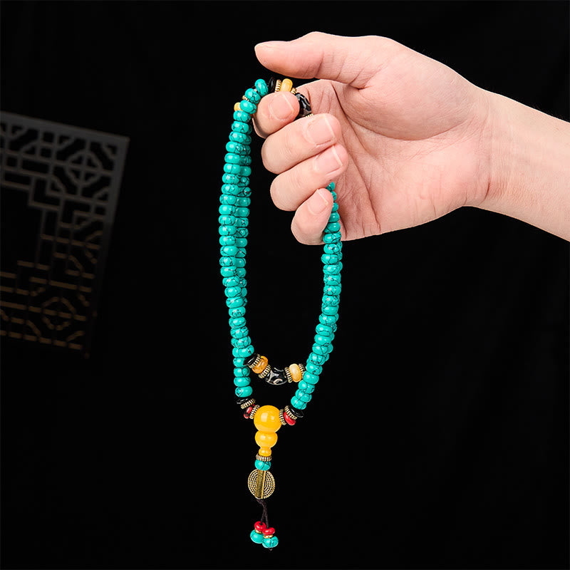 Buddha Stones Mala de comunicación y prosperidad con cuentas de ábaco turquesa y cuentas Dzi de turquesa - image 4