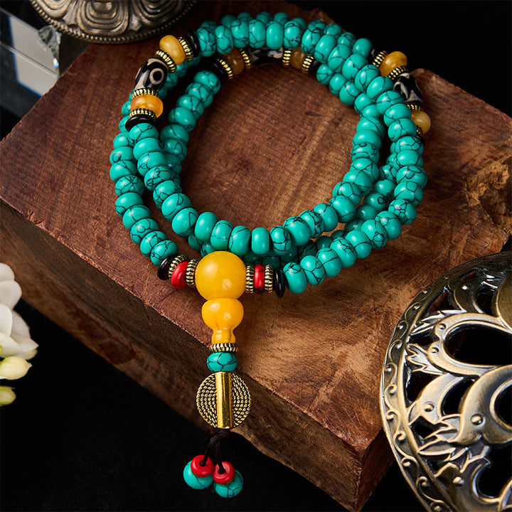 Buddha Stones Mala de comunicación y prosperidad con cuentas de ábaco turquesa y cuentas Dzi de turquesa - image 1