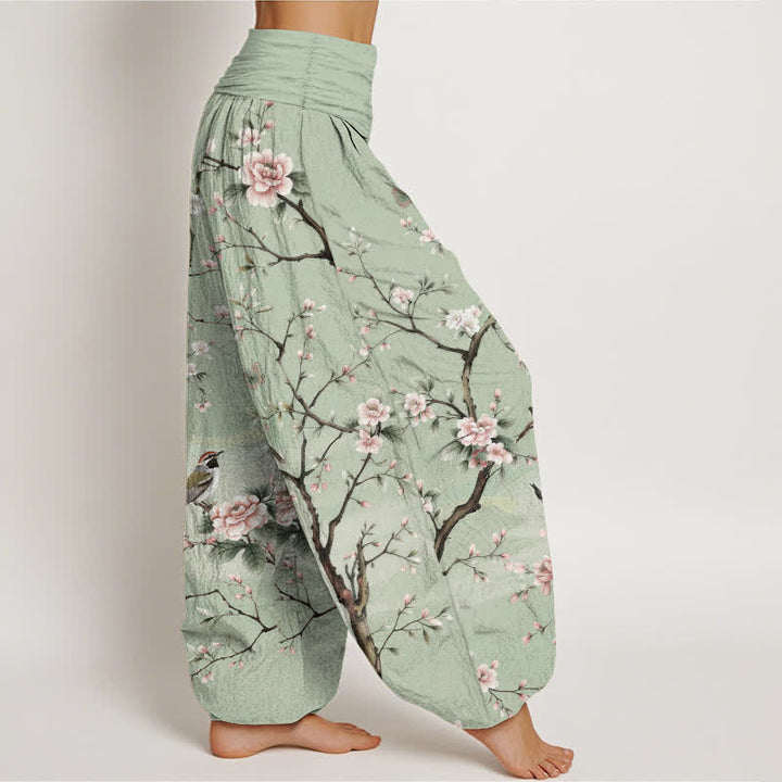 Buddha Stones Pantalones harem de mujer con cintura elástica y estampado de flores de cerezo en algodón. - image 1