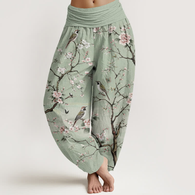Buddha Stones Pantalones harem de mujer con cintura elástica y estampado de flores de cerezo en algodón. - Verde claro - US16，UK/AU20，EU48 (3XL) - image 0