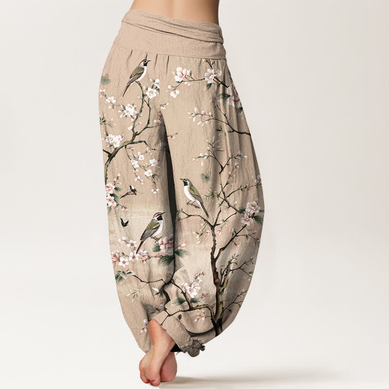 Buddha Stones Pantalones harem de mujer con cintura elástica y estampado de flores de cerezo en algodón. - image 10