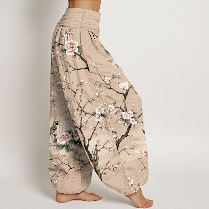 Buddha Stones Pantalones harem de mujer con cintura elástica y estampado de flores de cerezo en algodón. - image 9