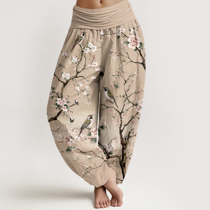 Buddha Stones Pantalones harem de mujer con cintura elástica y estampado de flores de cerezo en algodón. - BurlyWood - US16，UK/AU20，EU48 (3XL) - image 8