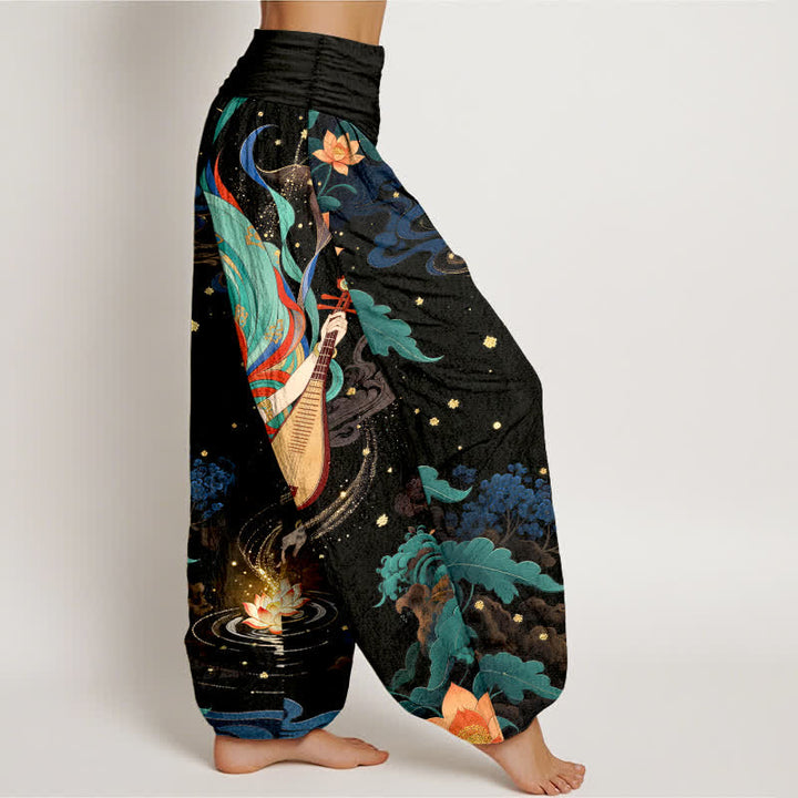Buddha Stones Pantalones harem de algodón con estampado de loto y músico celestial para mujer con cintura elástica. - image 1