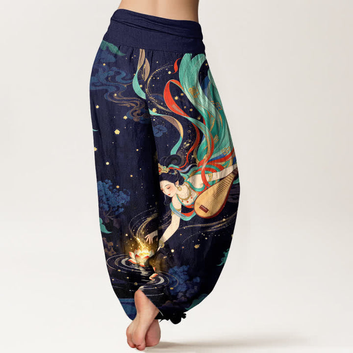 Buddha Stones Pantalones harem de algodón con estampado de loto y músico celestial para mujer con cintura elástica. - image 7