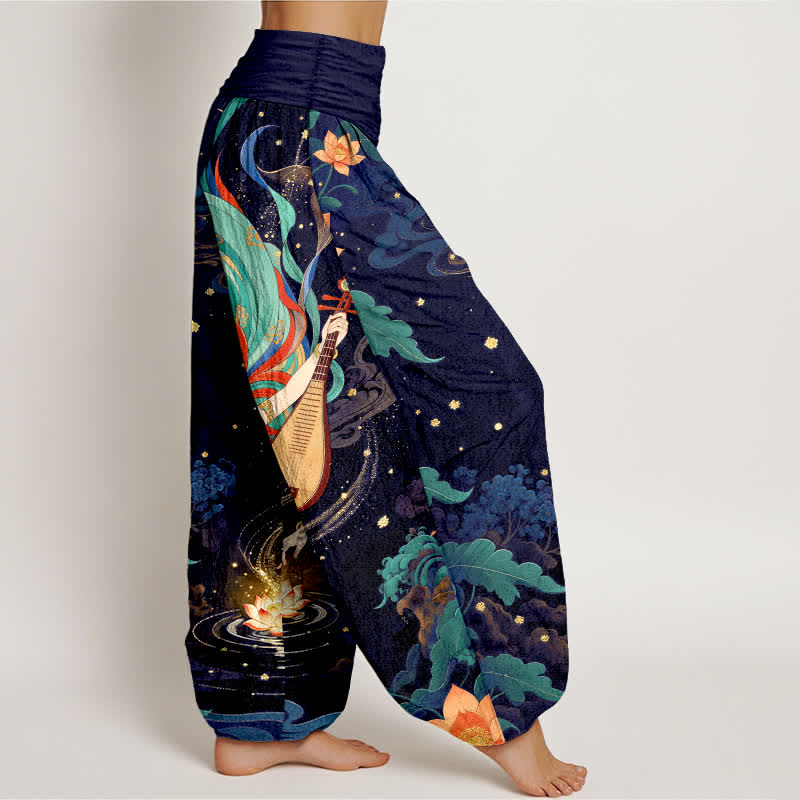 Buddha Stones Pantalones harem de algodón con estampado de loto y músico celestial para mujer con cintura elástica. - image 6