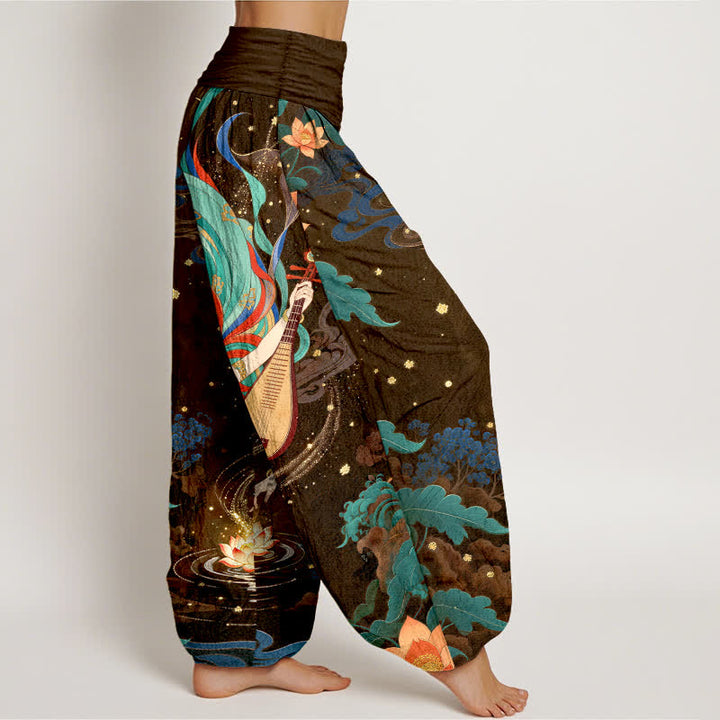 Buddha Stones Pantalones harem de algodón con estampado de loto y músico celestial para mujer con cintura elástica. - image 9