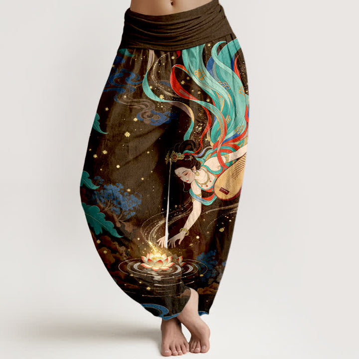 Buddha Stones Pantalones harem de algodón con estampado de loto y músico celestial para mujer con cintura elástica. - Marrón silla de montar - US16，UK/AU20，EU48 (3XL) - image 8